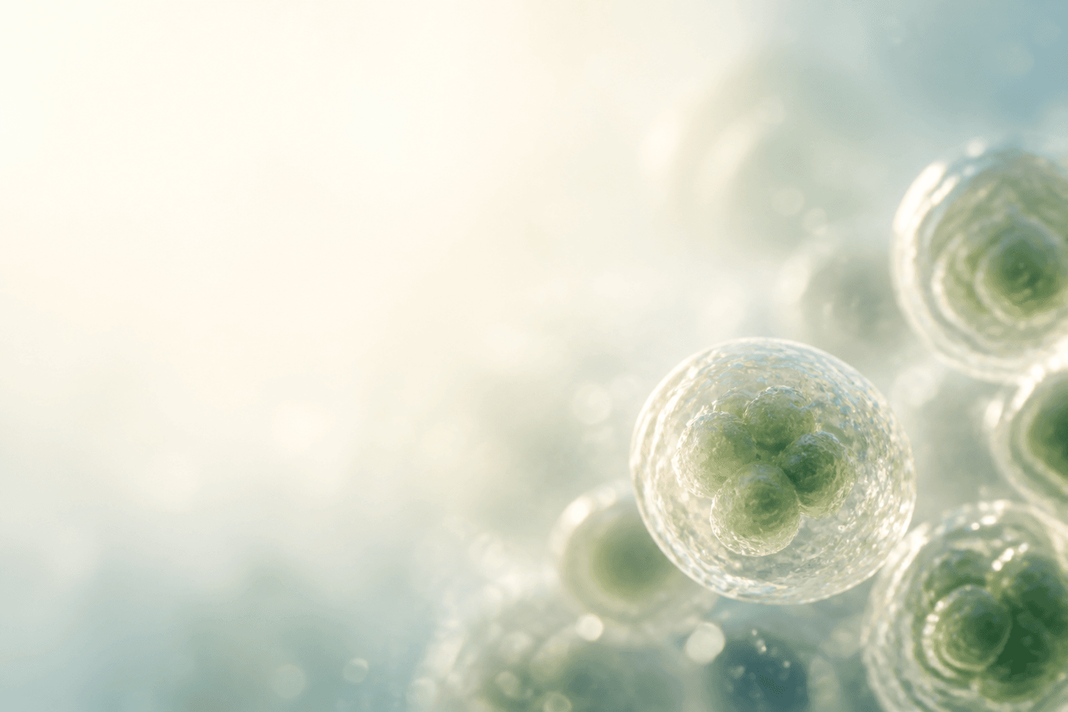 Translucent stem cells glowing in soft sage-green light — the living biology behind our research.